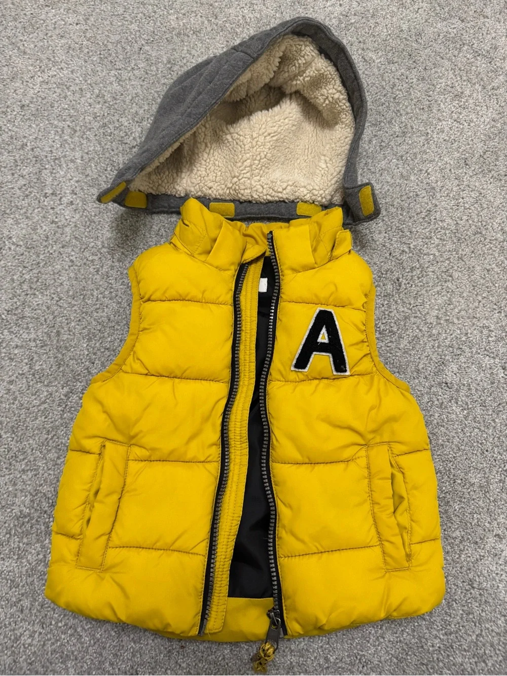 H&M Yellow Puffer Vest with Gray removable Hood and 'A' Patch